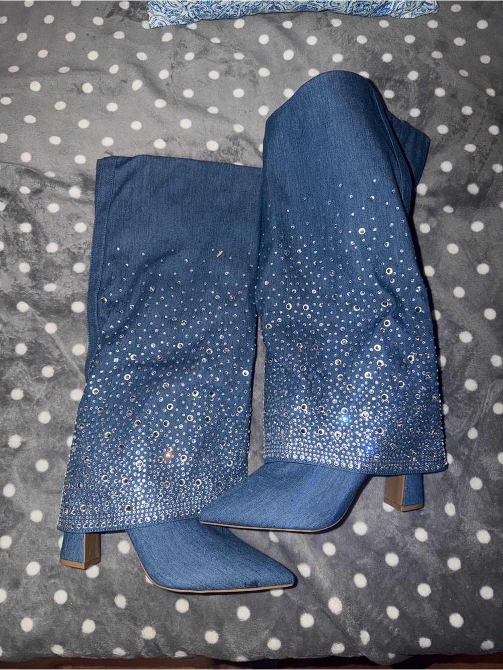 Blue Embellished Women's Denim Boots - Sparkle Detail